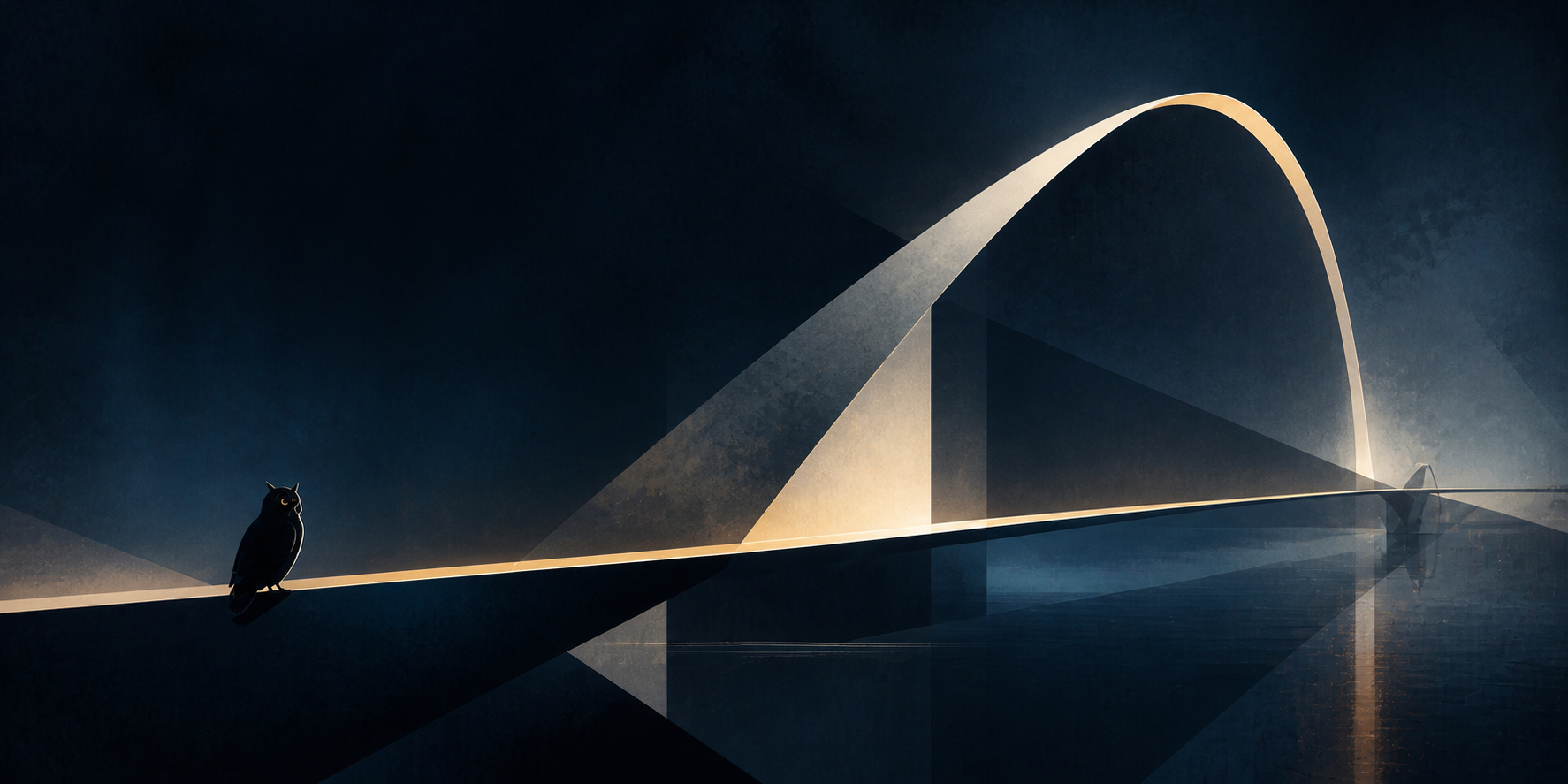 A stylized owl perched beside an abstract luminous bridge
